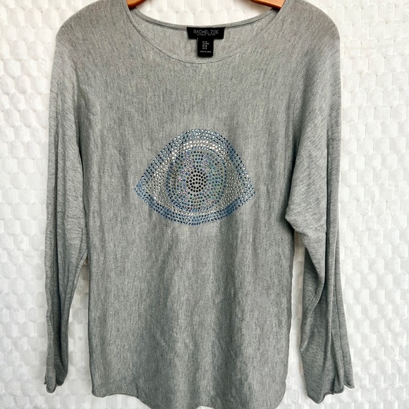 Rachel Zoe Gray Evil Eye Jeweled Embellished Crew Neck Sweater Size Medium NWOT - Picture 1 of 6